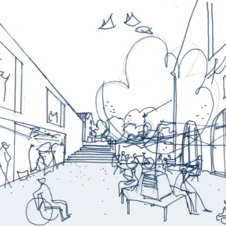 Handskizze einer Gasse in Viechtach mit Kino, Treppe, Bäumen und Menschen