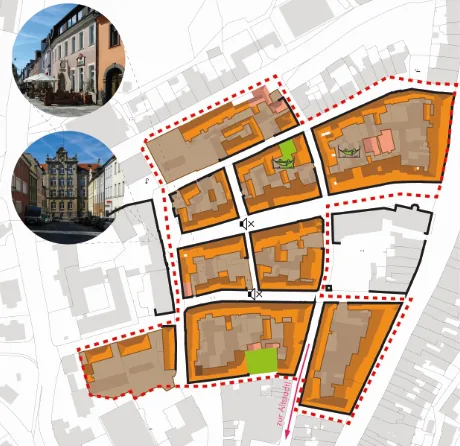 Lageplan Biedermeierviertel Hof mit Baublöcken und Gebietsgrenze